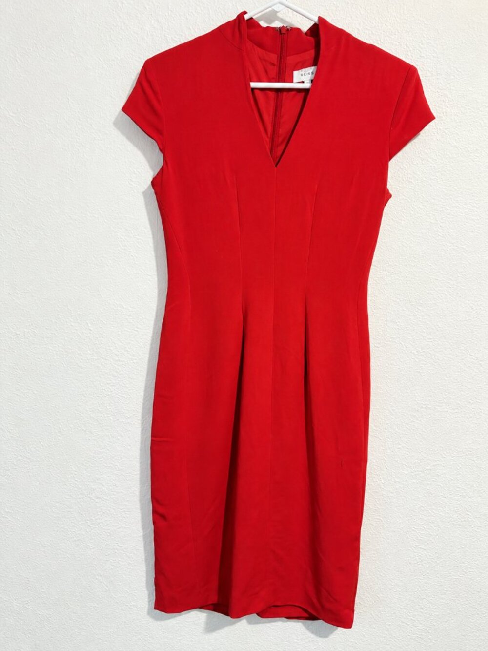 Reiss Red V-Neck Short Sleeve Tailored Midi Dress Size US 6 - Picture 1 of 11